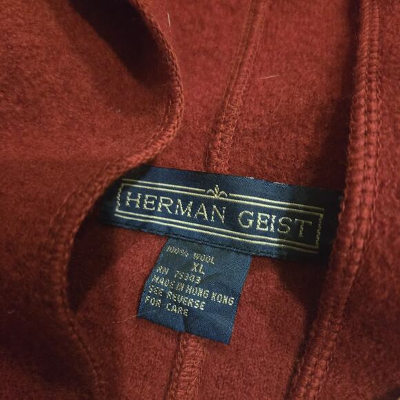 Vintage HERMAN GEIST XL Red Boiled Wool With Hood Button Down Jacket Warm - Picture 4 of 7